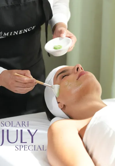 Relax with an Eminence Organic Facial. Solari Head Spa applying Eminence Organic Skin Care to a woman relaxing .